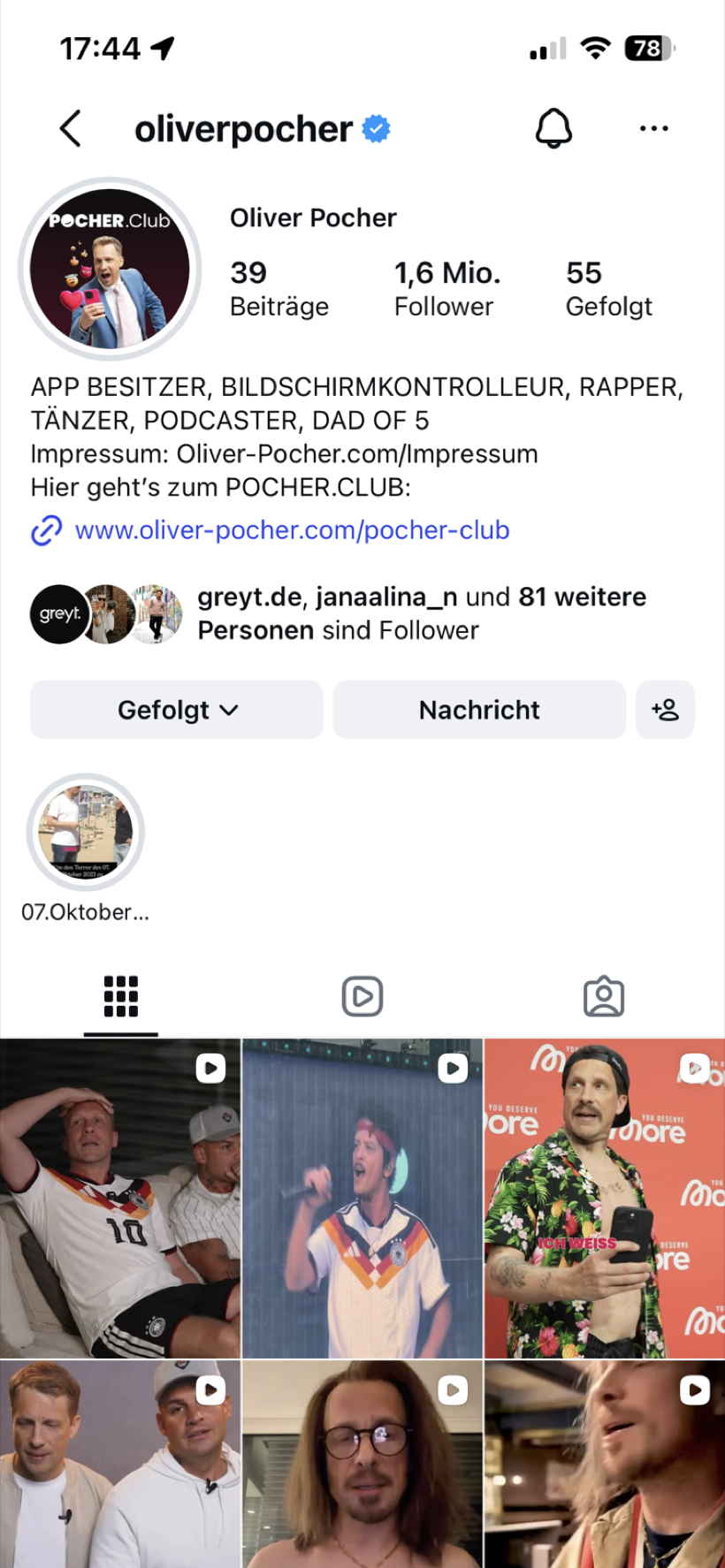 Oliver Pocher auf Instagram, 1,6 Mio. Follower, verifiziert